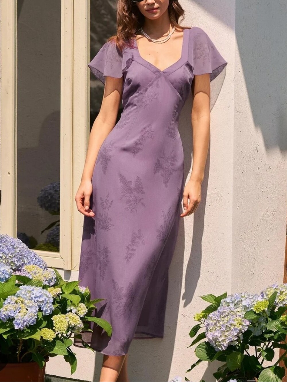Rihoas Womens Purple Vneck Floral Midi Dress With Butterfly Sleeves